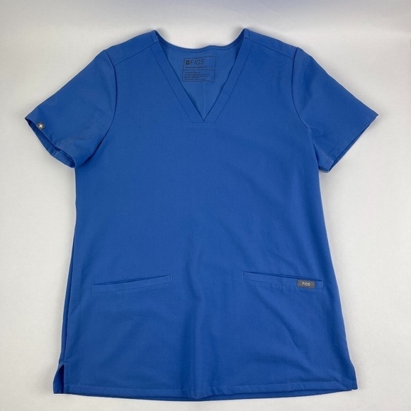 Figs Technical Collection Scrub Top Womens Small Blue Pockets Vneck Short Sleeve - Picture 1 of 8